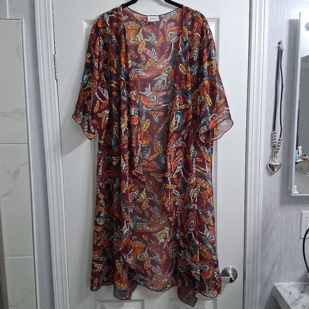 Owls & Feathers Long Kimono Duster Autumn Fall Colors Lightweight